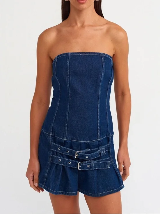 Strapless Blue Denim Mini Dress with Belt Details - Picture 6 of 13